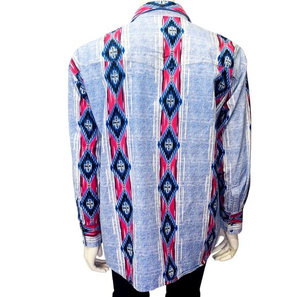 Wrangler Mens Western Pearl Snap Shirt Blue Pink Southwestern Print Size XXL - Picture 8 of 13